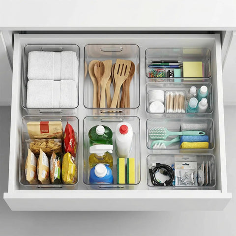 8 Pack Modular Clear Plastic Storage Bins Set With 4 Large And 4 Narrow Nestable Space Saving Bins For Pantry Kitchen Fridge Bathroom And Cabinet Organization Easy To Use organized in a drawer with assorted items