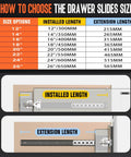 Size chart for Hidden Pocket Door Slide Hardware Kit 2 Pack 12 Inch showing drawer slide lengths and extension options.