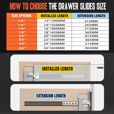 Size chart for Hidden Pocket Door Slide Hardware Kit 2 Pack 12 Inch showing drawer slide lengths and extension options.