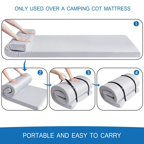Memory Foam Camping Pad 3 Inch Thick Soft Sleeping Pad With Waterproof Cover rolled and secured for travel and outdoor sleep