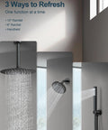 GRANDJOY 10" Ceiling Shower System with Handheld Spray, Matte Black showing 10" and 6" rainfall heads in use.