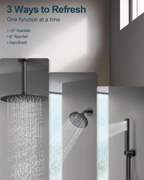 GRANDJOY 10" Ceiling Shower System with Handheld Spray, Matte Black showing 10" and 6" rainfall heads in use.