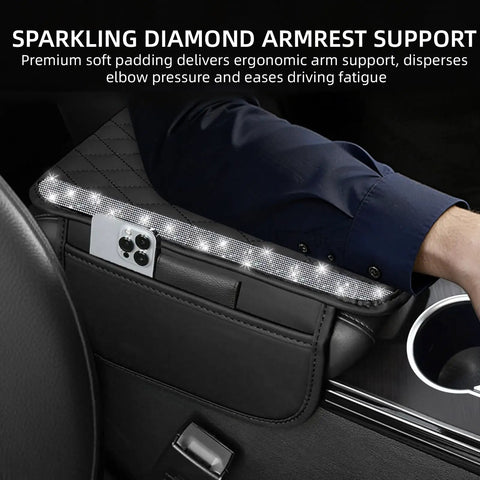 Bling Center Console Cover With Leather Arm Rest Cushion And Dual Storage Pockets Universal Auto Armrest Protector Silver Interior Accessory For Most Vehicles with sparkling diamond accents