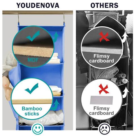 Comparison of blue hanging closet organizer with bamboo inserts and MDF, highlighting advantages over flimsy cardboard alternatives.