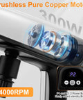 Close-up of Go To Battery Powered Cordless Pressure Washer with brushless copper motor and dual power buttons, 300W, 24000 RPM