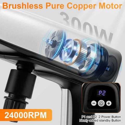 Close-up of Go To Battery Powered Cordless Pressure Washer with brushless copper motor and dual power buttons, 300W, 24000 RPM