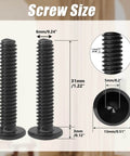 30 Pack Flat Head Allen Bolts For Furniture With One Quarter Twenty Thread And One Quarter Inch Length Black Carbon Steel Socket Cap Screws, showing size and dimensions