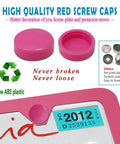 Close-up of pink aluminum license plate frame with red screw caps, showing high-quality design for US license plates.