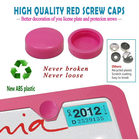 Close-up of pink aluminum license plate frame with red screw caps, showing high-quality design for US license plates.