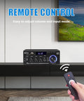 AK45 Pro Amplifier With Bluetooth 5.0, 400W Peak Power, remote control feature highlighted, in home theater setting