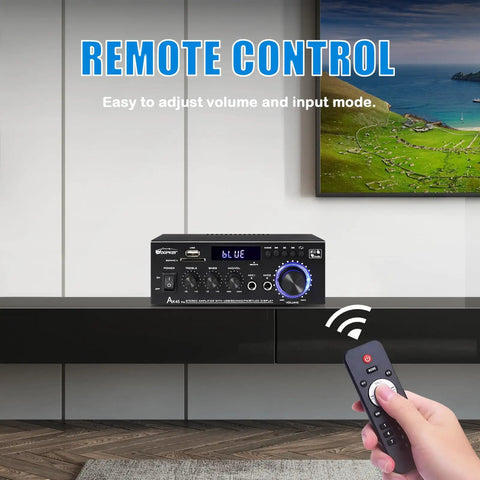 AK45 Pro Amplifier With Bluetooth 5.0, 400W Peak Power, remote control feature highlighted, in home theater setting