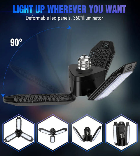 Three Panel Deformable LED Garage Light 60W 8000 Lumens E26 Socket Daylight 6500K Shop Light for Garage Warehouse Workshop Basement Attic Adjustable Bright Panels for Easy Install and Superior Illumination