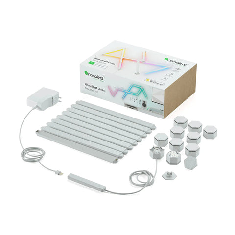 Lines LED Wall Lights Expansion Pack, 3 Panel RGBW Smart Geometry Light Bars laid out with packaging and connectors visible