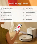 Woman using app to control Robot Vacuum And Mop With 10,000 Pa Suction, 70 Day Self-Emptying Dock