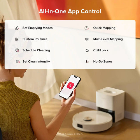 Woman using app to control Robot Vacuum And Mop With 10,000 Pa Suction, 70 Day Self-Emptying Dock