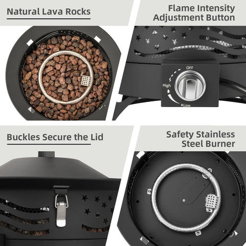 Smokeless 24 Inch Portable Propane Fire Pit With Grill Grate And Lid 60 000 BTU Outdoor Firepit features and components