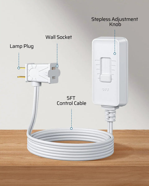Plug In Lamp Dimmer Switch For Dimmable LED CFL And Incandescent Bulbs with stepless slider and 5ft extension cord shown on table