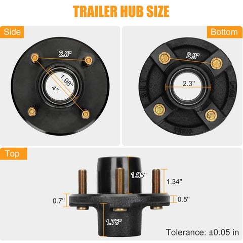 Heavy Duty 4 Lug Trailer Hub Kit For 2000 Lb Axles Fits 1 Inch And One Sixteenth Inch Straight Spindles with size diagram