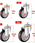 4 Pack Heavy Duty Furniture Caster Wheels With Brakes M10 M12 Threaded Swivel Rollers 2.5in 3in 4in 5in sizes displayed.