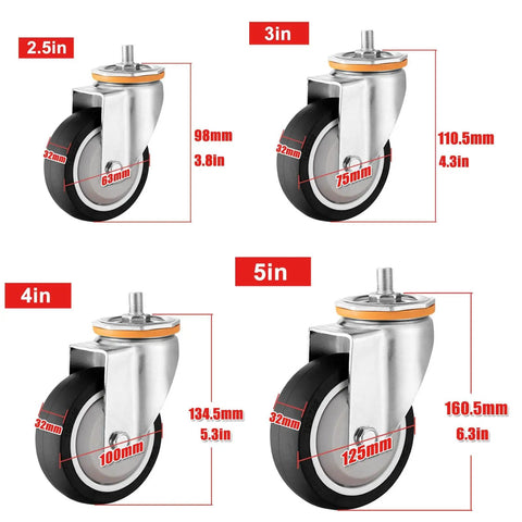 4 Pack Heavy Duty Furniture Caster Wheels With Brakes M10 M12 Threaded Swivel Rollers 2.5in 3in 4in 5in sizes displayed.