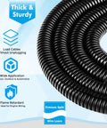 Built Like A Tank Flame Retardant Split Wire Loom In Black Spanning 1/2 Inch By 125 Feet for cable protection and organization.