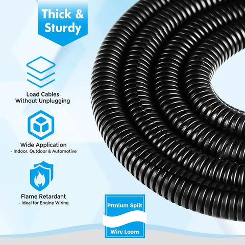 Built Like A Tank Flame Retardant Split Wire Loom In Black Spanning 1/2 Inch By 125 Feet for cable protection and organization.