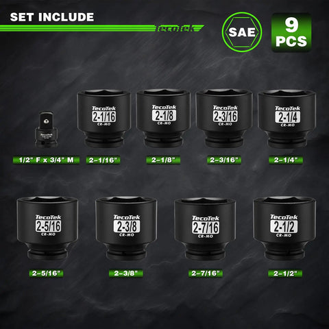 Beefy 9 Piece 6 Point Impact Socket Set With Jumbo SAE Size Range From 2 And 1 Sixteenth Inch To 2 And A Half Inch Forged Cr Mo Steel Black Oxide Finish For Extreme Torque And Long Life Plus One Half Inch Drive To Three Quarters Inch Adapter.