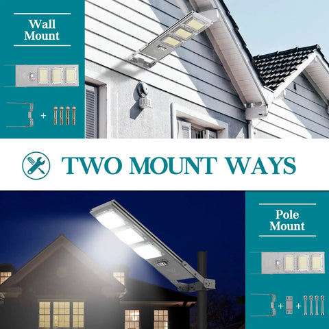 1500W Commercial Solar Street Light With Remote Control And Motion Sensor for wall or pole mount options shown outdoors