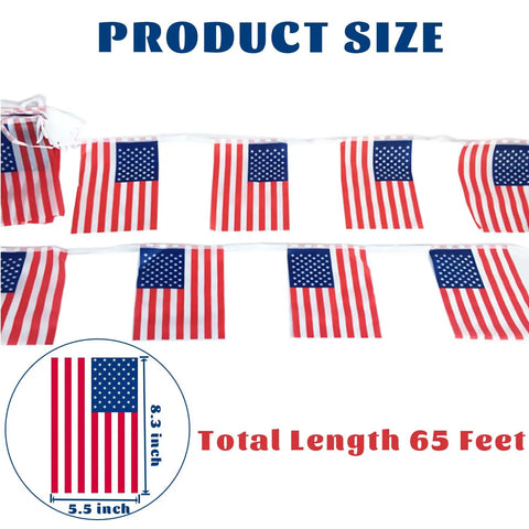 Patriotic String Flags Banner Set For Memorial Day And Fourth Of July, 65 Feet US Flag Garlands For Indoor Outdoor Use, size chart.