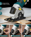 Enventor mini circular saw with laser guide, 4.8A corded, teal body, yellow knob, front view