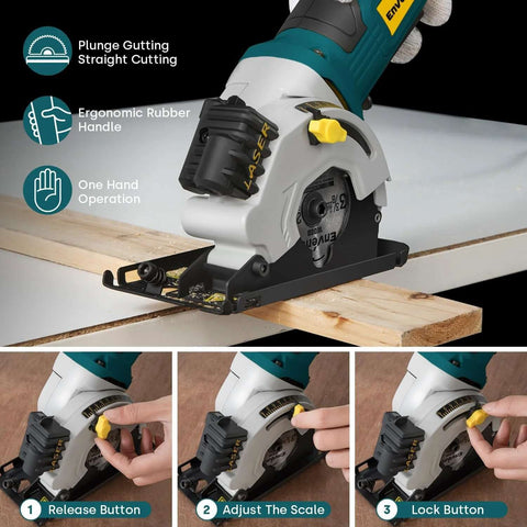 Enventor mini circular saw with laser guide, 4.8A corded, teal body, yellow knob, front view