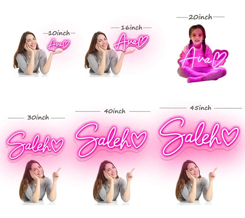 Custom Neon Sign For Wall Decor And Parties Personalize Your Name Logo Text Or Emoji In Your Favorite Font And Color A Totally Dope Gift For Weddings Birthdays Bars Game Rooms Home Offices Or Shops displayed with various sizes and designs.