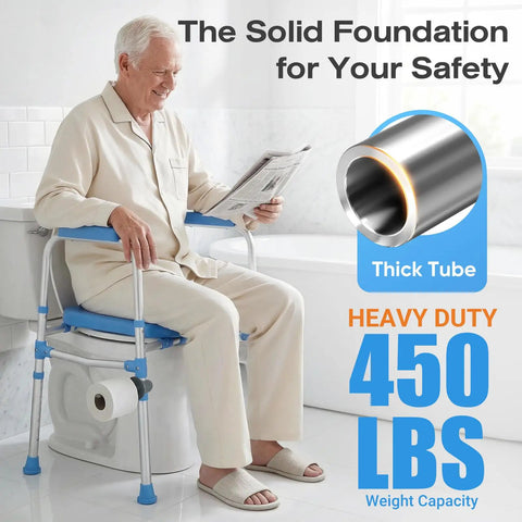 Rock Solid Padded Toilet Seat Riser For Seniors And Mobility Needs Built Tough 450 Lb Capacity No Sweat Adjustable Setup Ultra Comfort Universal Fit Standard Or Elongated Bowls Bathroom Safety Helper