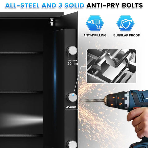 5.2 Cu Ft Large Fireproof And Waterproof Safe With LCD Keypad Anti Theft Alerts Hidden Code Mode, anti-drilling and burglar proof features shown