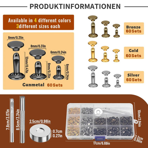 Leather Rivet Kit With 240 Double Cap Rivets In 4 Colors And 3 Sizes Includes Punch And Two Setting Tools, Handy Storage Box