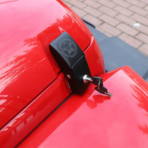 Locking Hood Latch Kit For Jeep Wrangler Skull Style Aluminum Alloy Hood Locks installed on red Jeep with key in lock