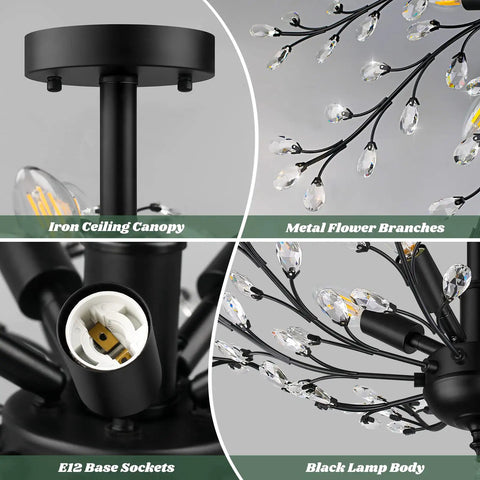Five Light Crystal Chandelier in matte black with E12 base, showcasing iron ceiling canopy and metal flower branches.
