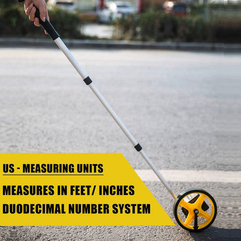 Person using Measuring Wheel 6 Inch Distance Meter For DIY And Pro Builders Rugged Telescoping Handle Mechanical One Button Reset Starting Point Arrow Cloth Carrying Bag Readout Up To 10000 Ft on a road