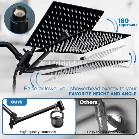 Big 8 Inch Rain Shower Head With Handheld Spray High Pressure Rainfall Kit chrome 180° adjustable mount against black background
