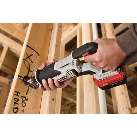 Compact 20V Max Cordless Reciprocating Saw With Variable Speed And Quick Release Blades Slick Control And 3000 SPM Drivetrain in use on wood.
