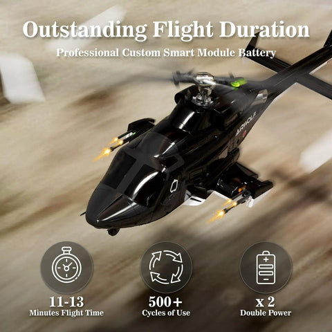 Airwolf RC Helicopter 1:27 Scale Ready To Fly With Auto Hover Six Channel Control, in-flight with bright rotor blades.