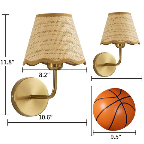PENACINY Battery Operated Rattan Wall Sconces Set of 2, gold finish, 11.8 inches high, with woven rattan shades.