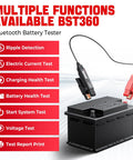 BST 360 Battery Tester With Bluetooth on 12V battery, clip leads attached for cranking and charging test
