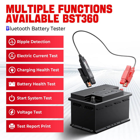 BST 360 Battery Tester With Bluetooth on 12V battery, clip leads attached for cranking and charging test