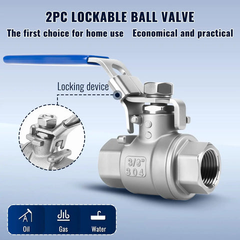 Two Pack 3/8 Inch Stainless Steel Ball Valves NPT Female Full Port With Locking Handle Heavy Duty Shut Off Valves Corrosion Resistant