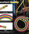 Three Piece 72 Inch Low Loss HVAC Refrigerant Hoses With Compact Ball Valve And Quarter Inch Flare Fittings Color Coded Yellow Red Blue Pro Grade Manifold Hoses For R410A R134A R22 R407C R12 R502 800 PSI Working Pressure with close-up of brass fittings and hose layout.