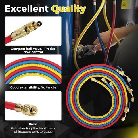 Three Piece 72 Inch Low Loss HVAC Refrigerant Hoses With Compact Ball Valve And Quarter Inch Flare Fittings Color Coded Yellow Red Blue Pro Grade Manifold Hoses For R410A R134A R22 R407C R12 R502 800 PSI Working Pressure with close-up of brass fittings and hose layout.