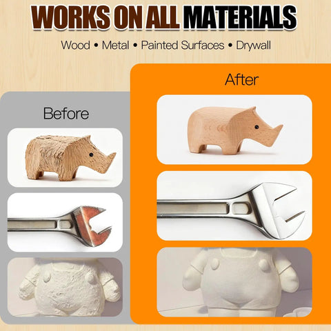 Pro Grade Micro Detail Sander Kit showcases before and after results on wood, metal, and painted surfaces for tight spaces and crafts.