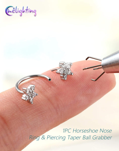 Flower Push Pin 20G Horseshoe Nose Ring Hoop All In One Piercing Set With Taper Ball Grabber Tool 316L Surgical Steel close-up