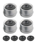 Set of four 1.98-inch metal trailer axle dust caps with black rubber seals and four extra plugs